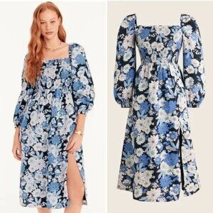 J Crew Linen Daydream Dress Midi Zinnia Floral Smocked Boho Cottagecore Milkmaid